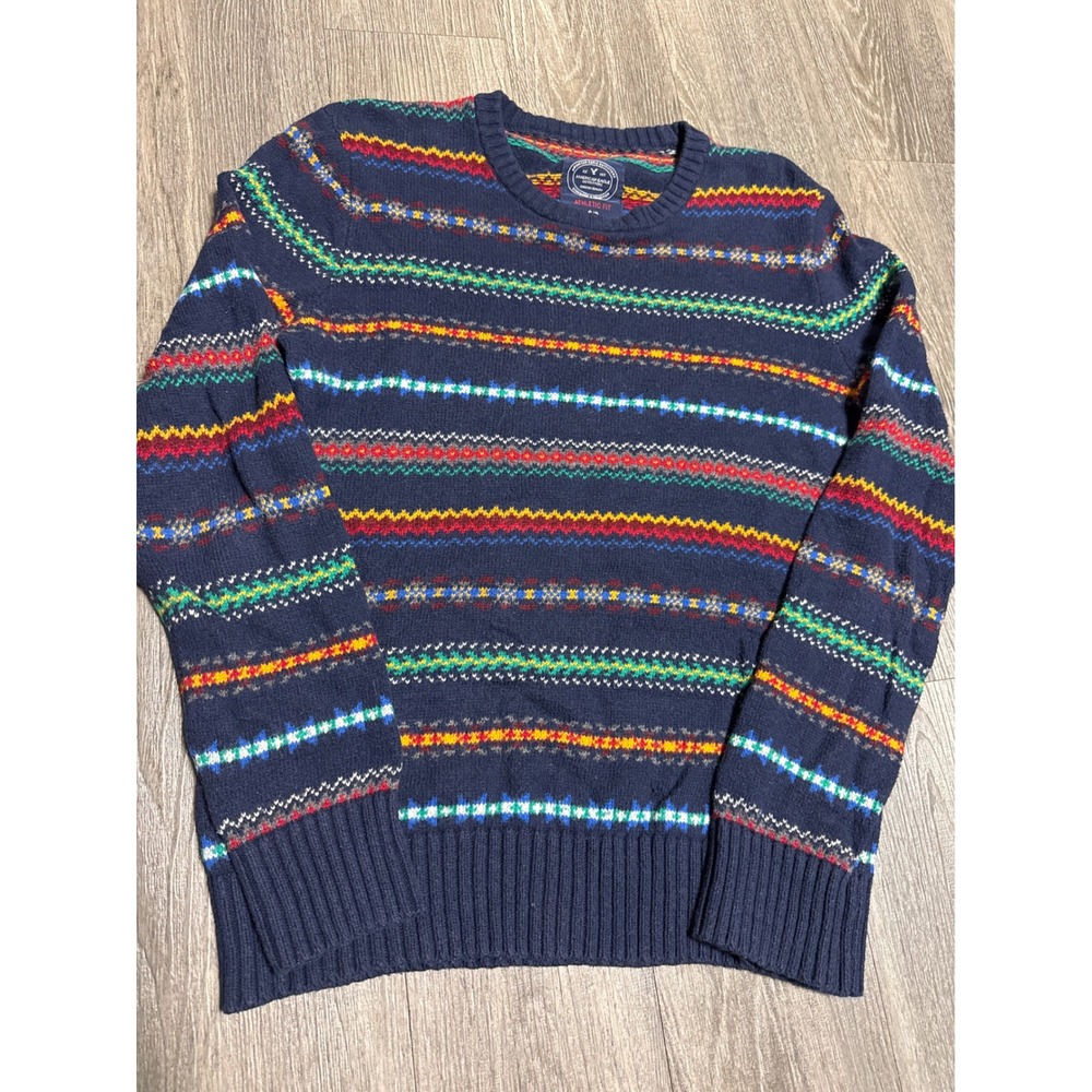 American Eagle Mens Fair Isle Crewneck Sweater Navy Blue Athletic Fit Small